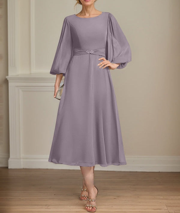 A-line Scoop Tea-Length Chiffon Mother of the Bride Dress With Crystal Brooch Pleated
