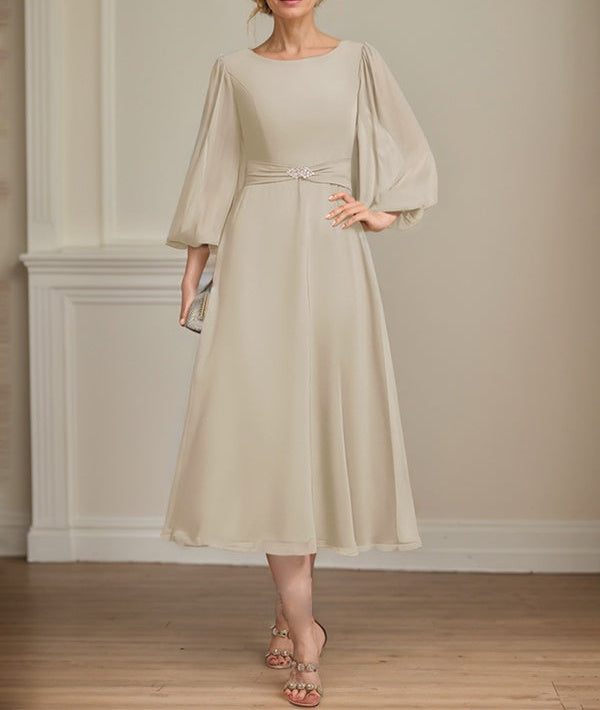 A-line Scoop Tea-Length Chiffon Mother of the Bride Dress With Crystal Brooch Pleated