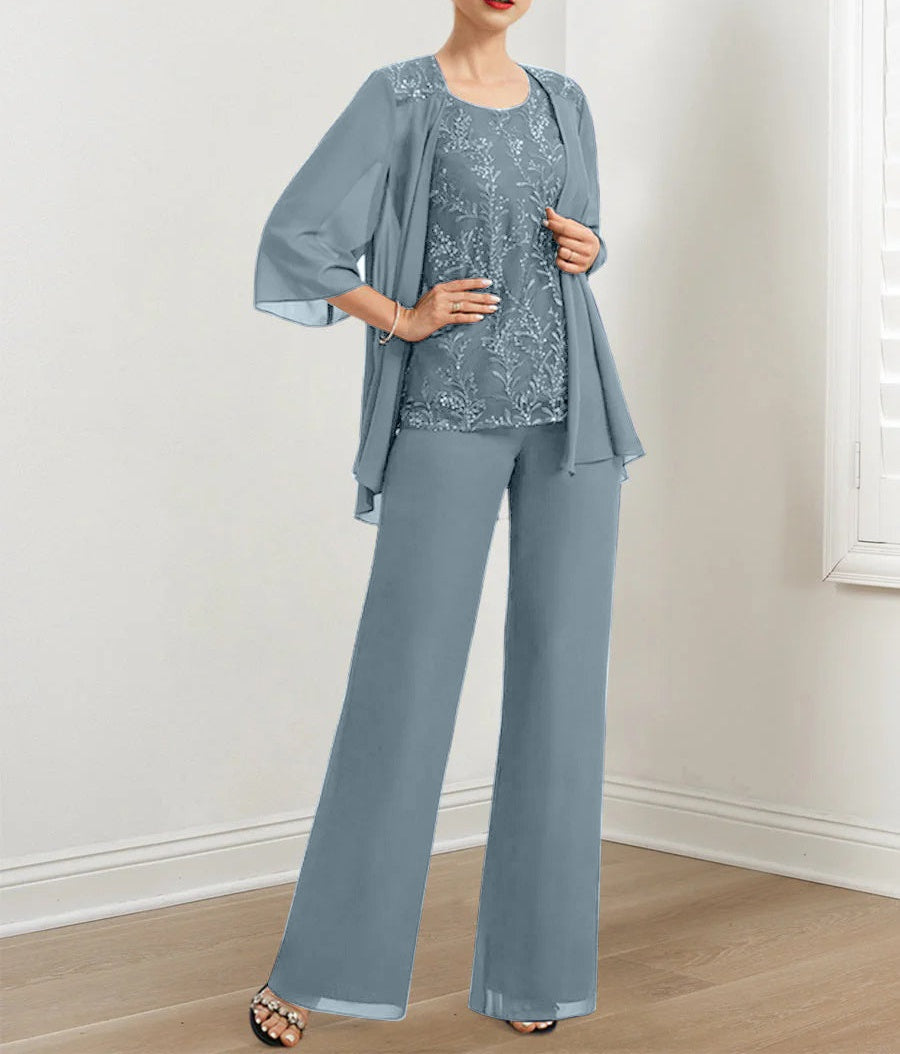 Chiffon Mother of the Bride Pantsuits with Sequins & Jacket