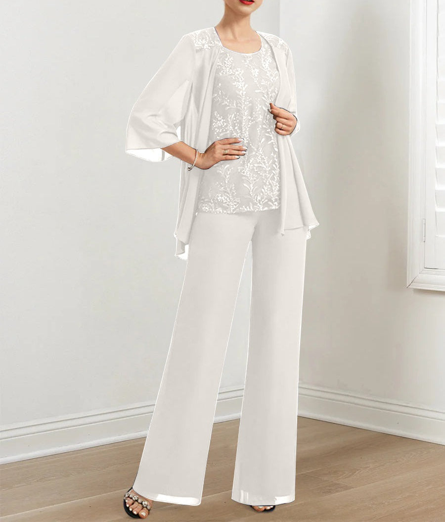Chiffon Mother of the Bride Pantsuits with Sequins & Jacket