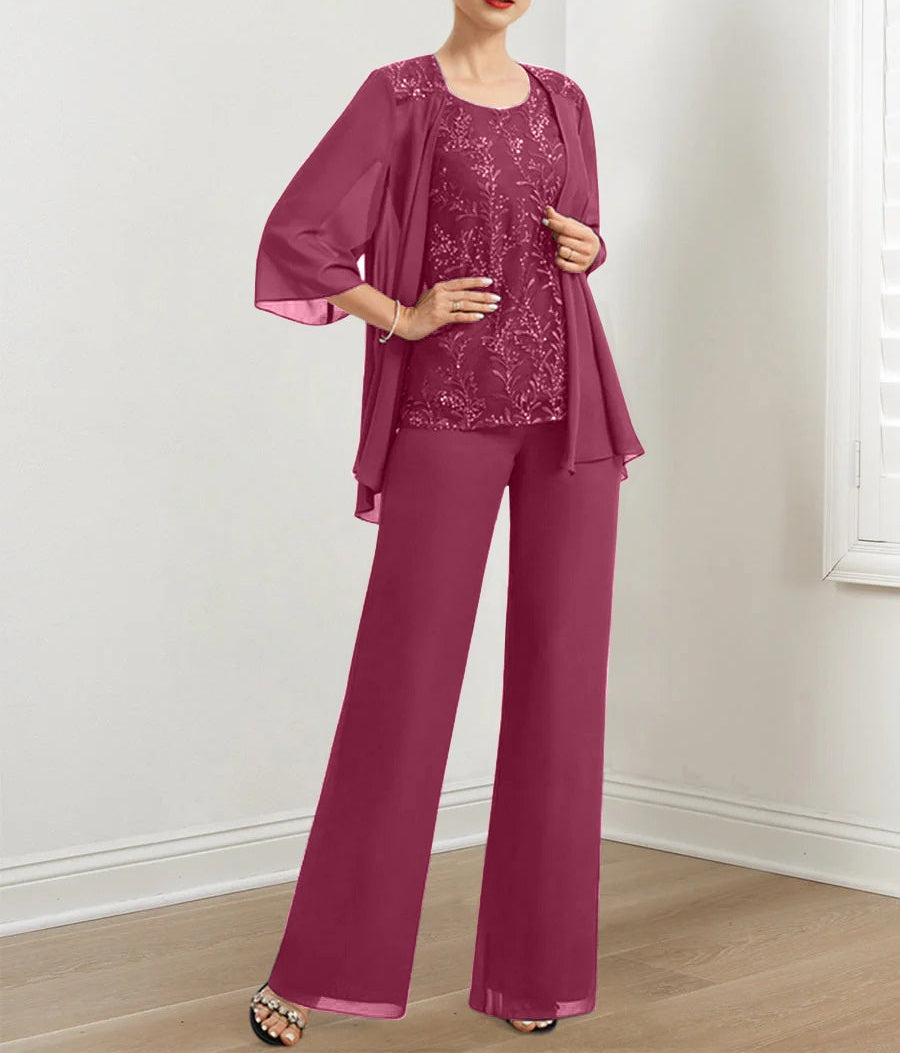 Chiffon Mother of the Bride Pantsuits with Sequins & Jacket