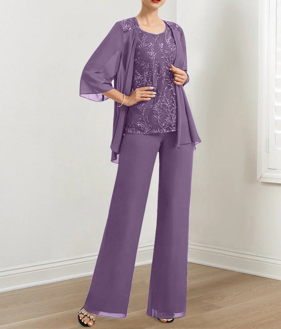 Chiffon Mother of the Bride Pantsuits with Sequins & Jacket