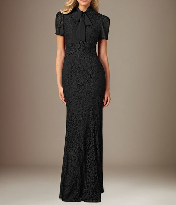 Black Chiffon Bow Tie Neckline Short Sleeves Floor Length Dress With Appliques
