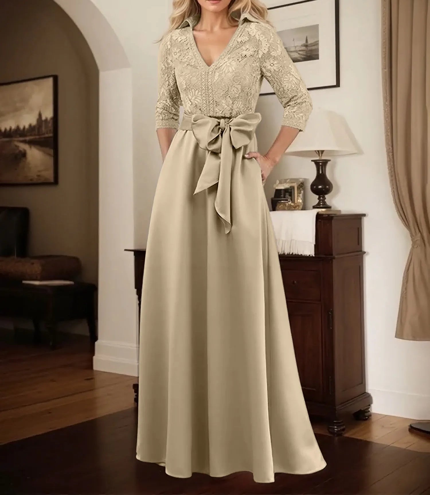Classic V-Neck Bow Accented Satin Mother Of The Bride Dress With Lace