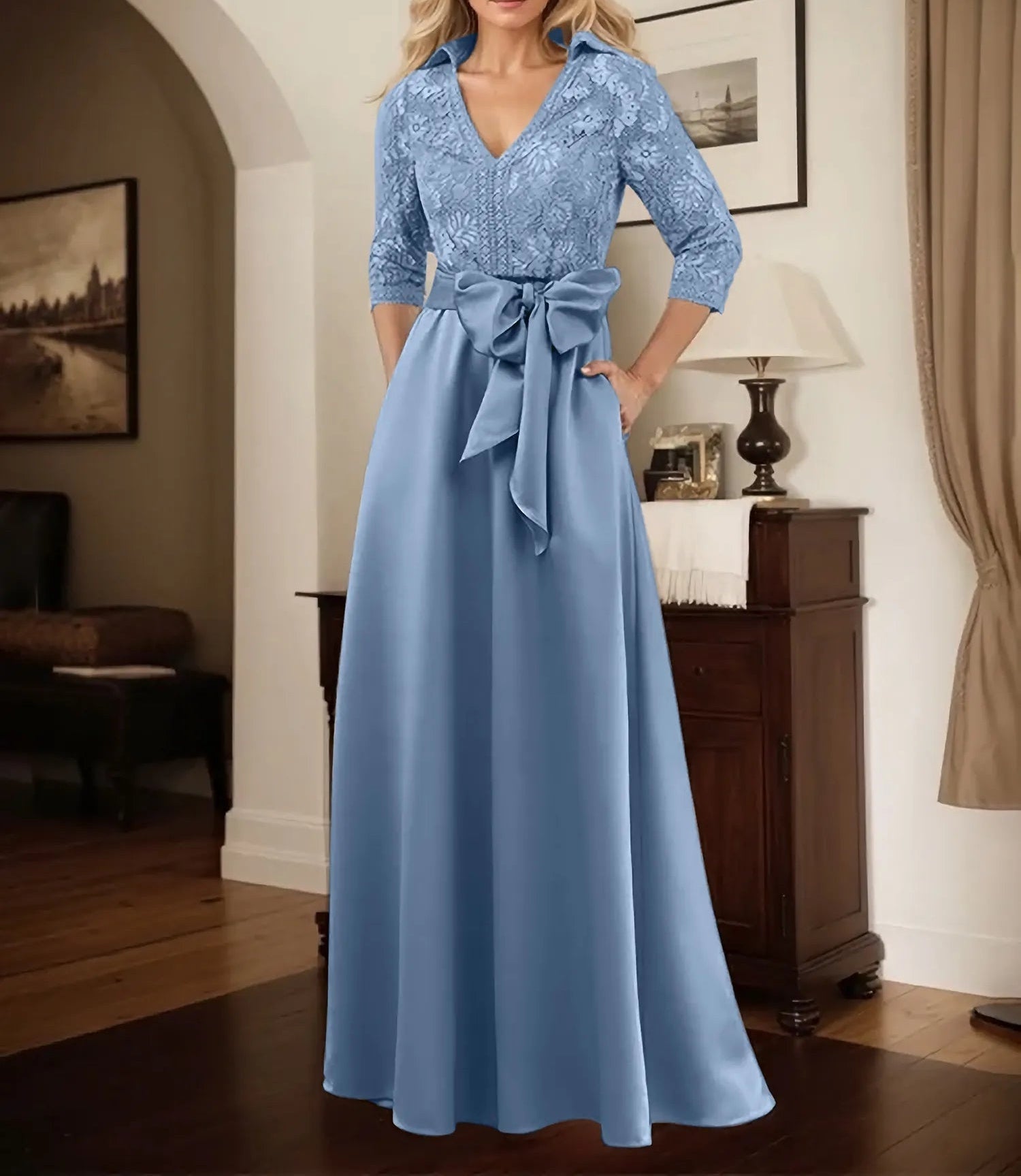 Classic V-Neck Bow Accented Satin Mother Of The Bride Dress With Lace