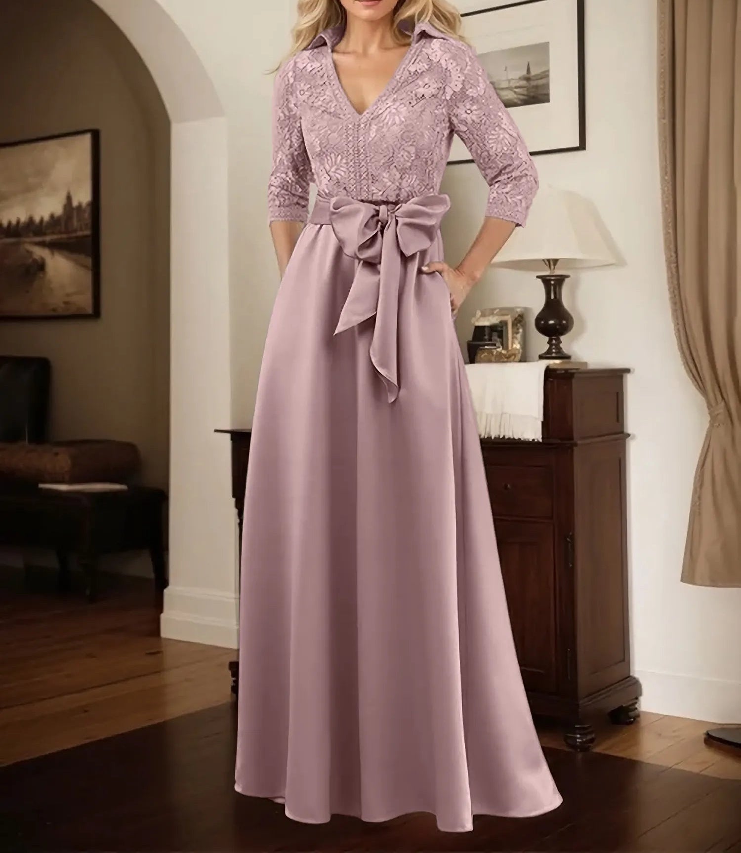 Classic V-Neck Bow Accented Satin Mother Of The Bride Dress With Lace