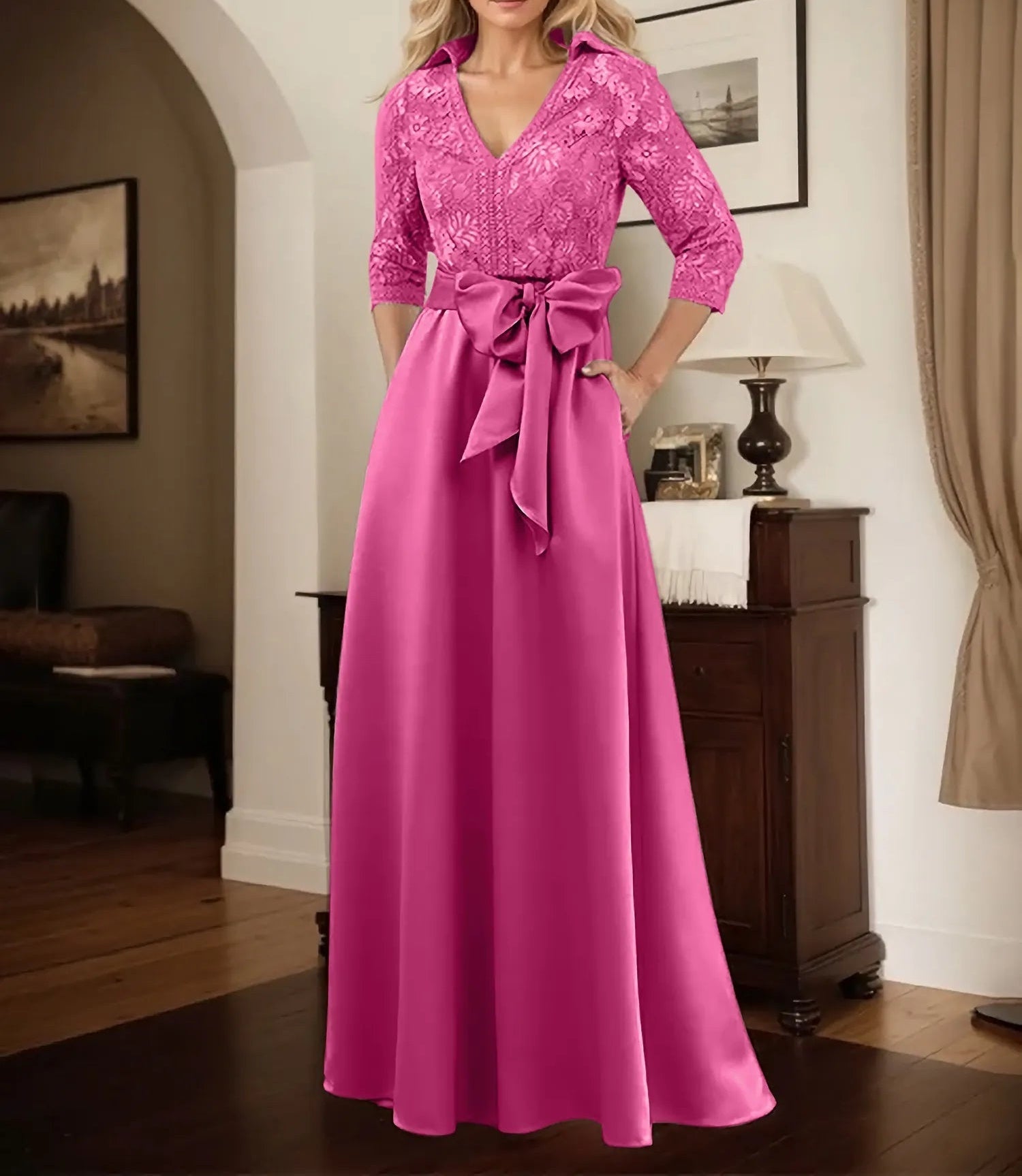 Classic V-Neck Bow Accented Satin Mother Of The Bride Dress With Lace