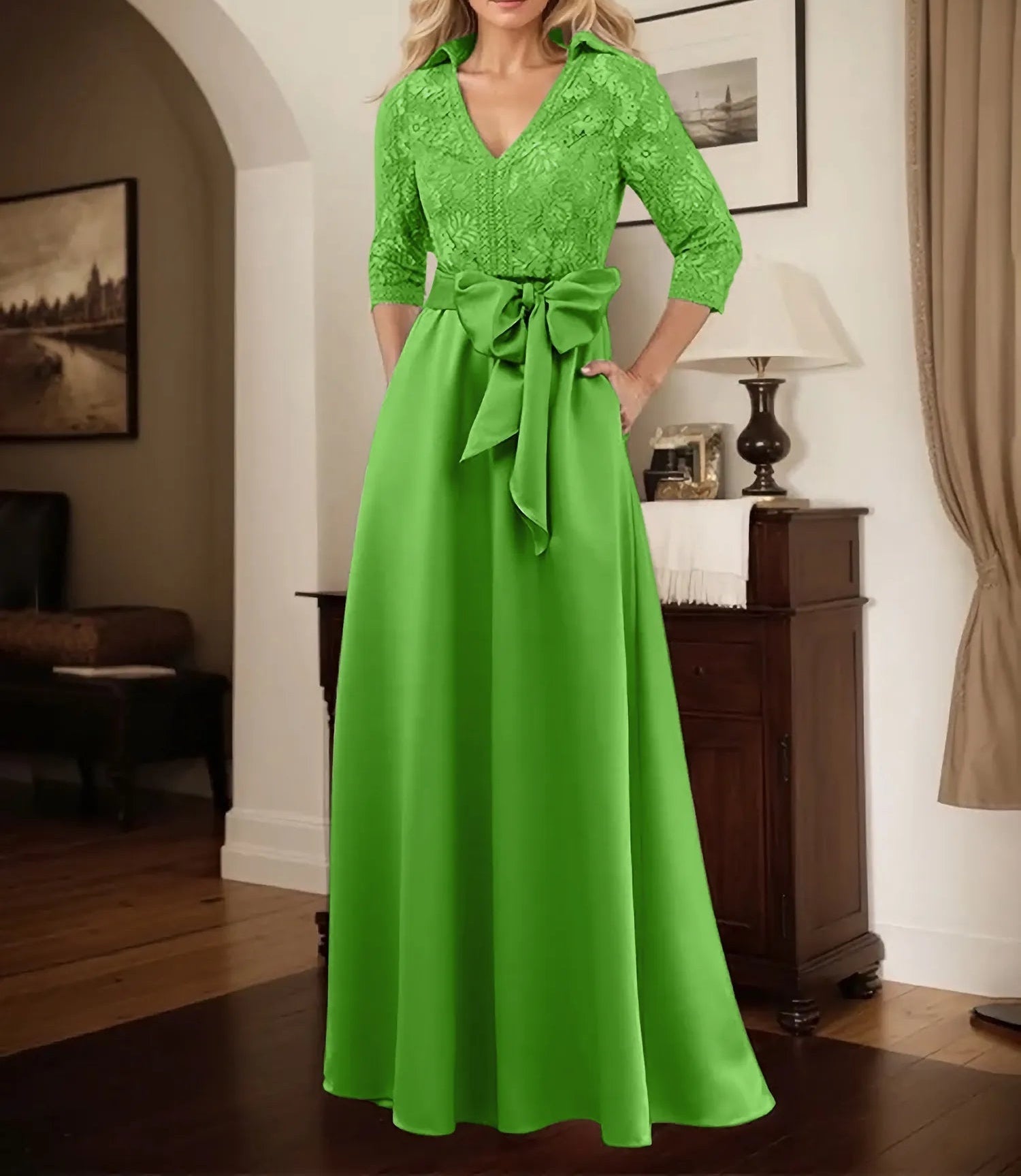 Classic V-Neck Bow Accented Satin Mother Of The Bride Dress With Lace