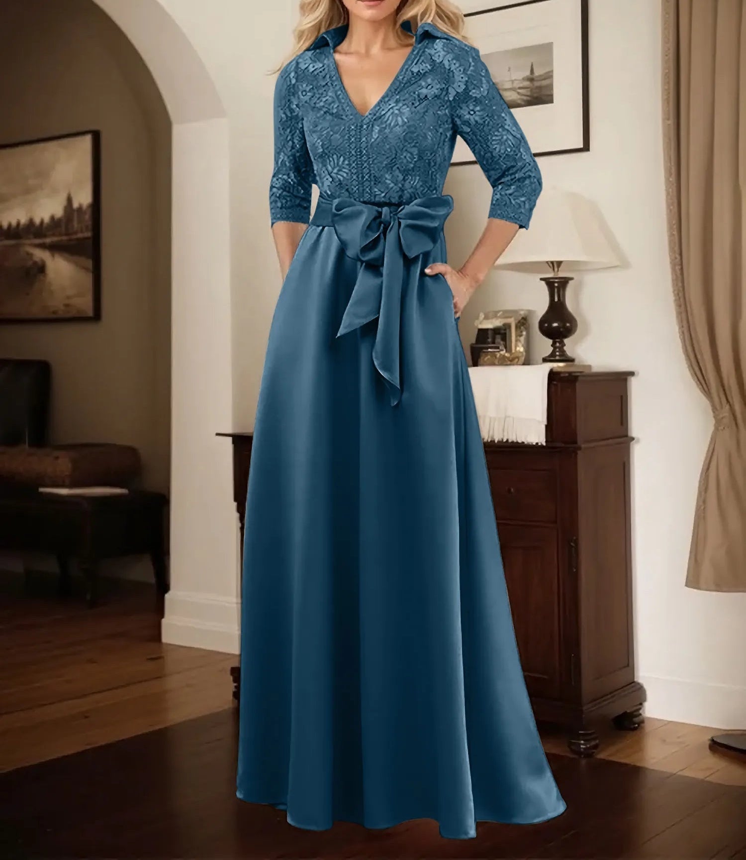 Classic V-Neck Bow Accented Satin Mother Of The Bride Dress With Lace