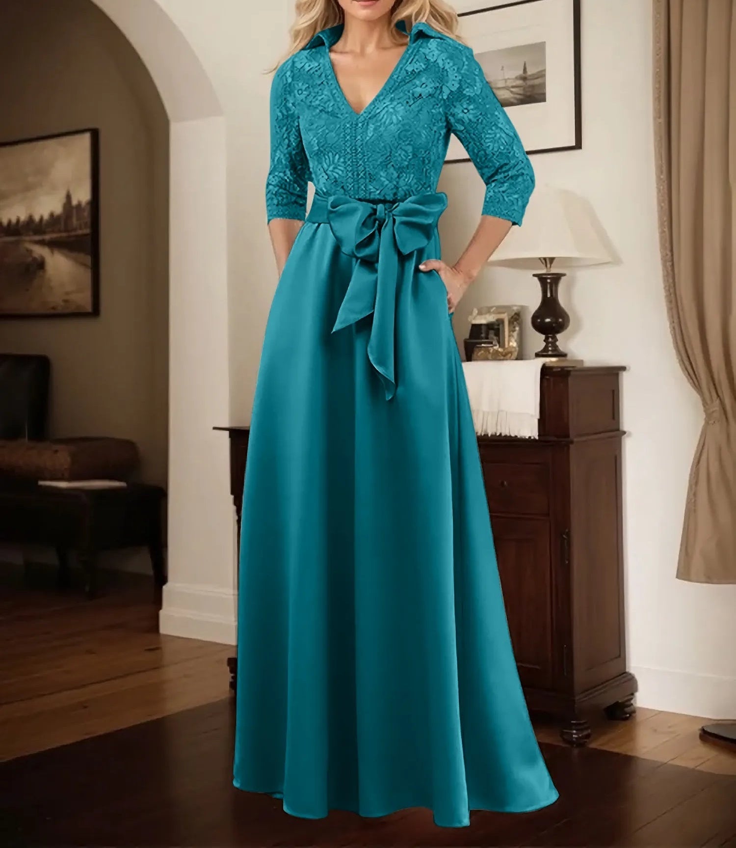 Classic V-Neck Bow Accented Satin Mother Of The Bride Dress With Lace