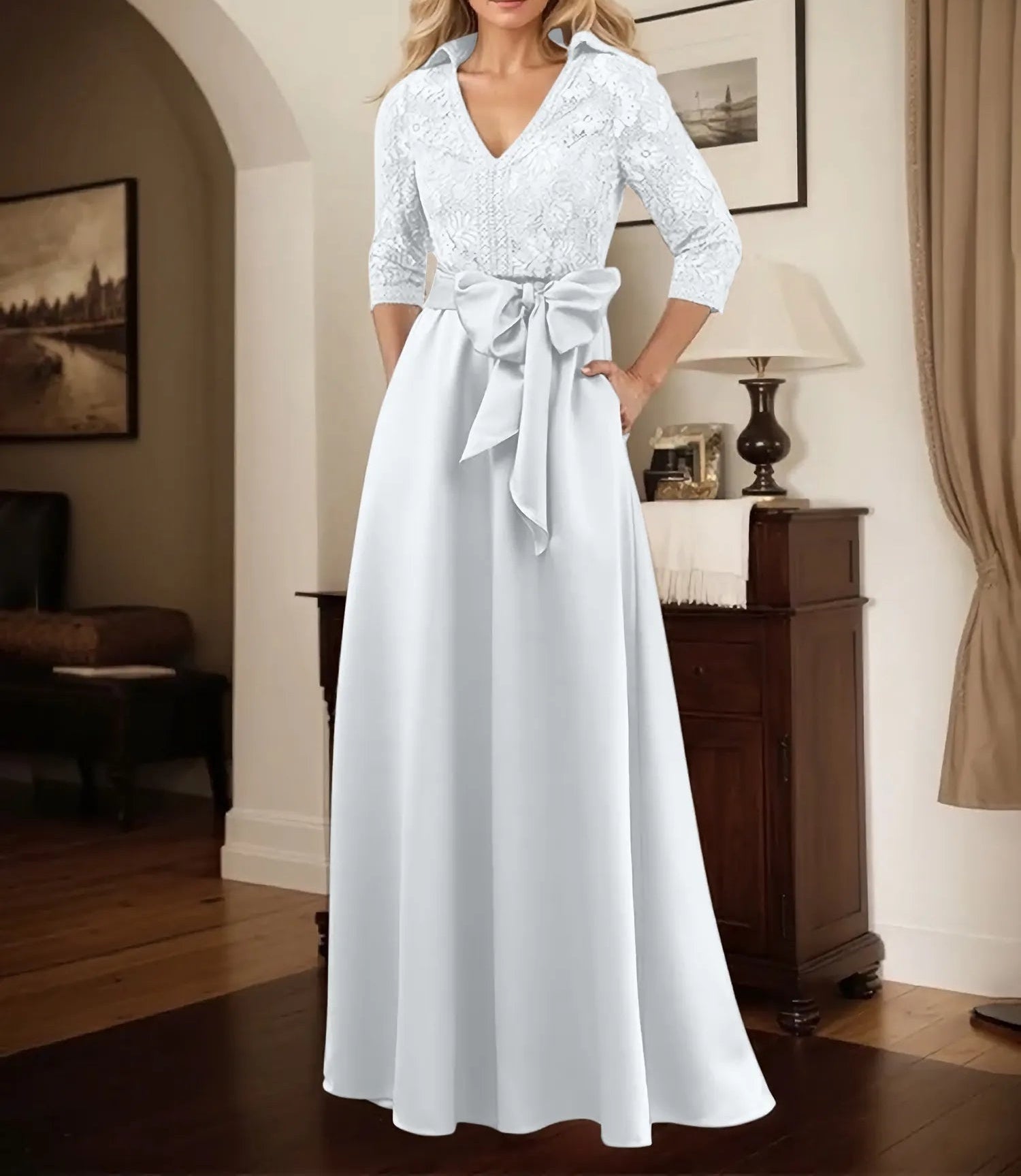 Classic V-Neck Bow Accented Satin Mother Of The Bride Dress With Lace