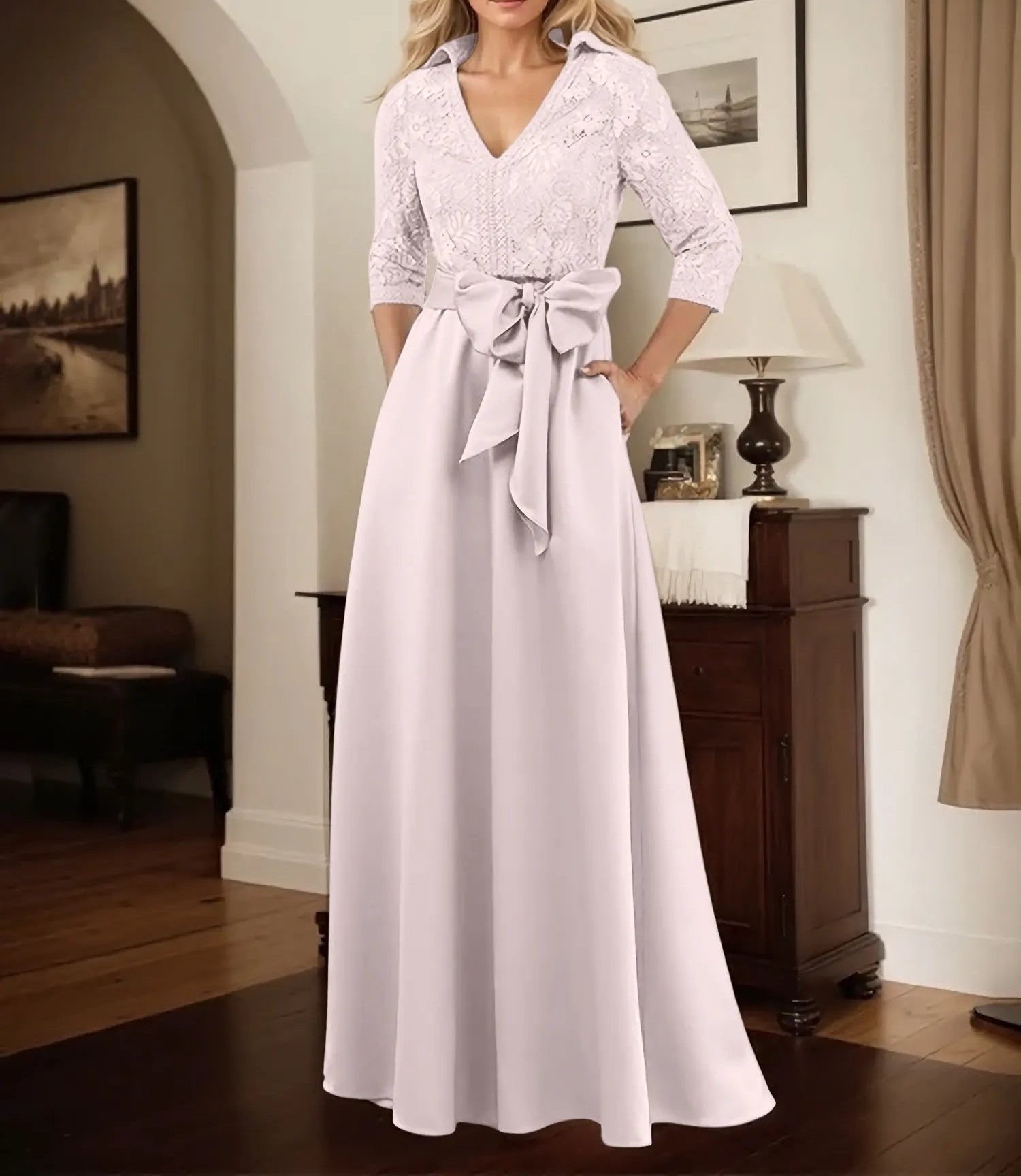 Classic V-Neck Bow Accented Satin Mother Of The Bride Dress With Lace