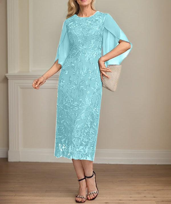 Sheath/Column Scoop Tea-Length Lace Chiffon Mother of the Bride Dress