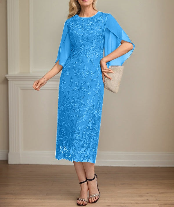 Sheath/Column Scoop Tea-Length Lace Chiffon Mother of the Bride Dress