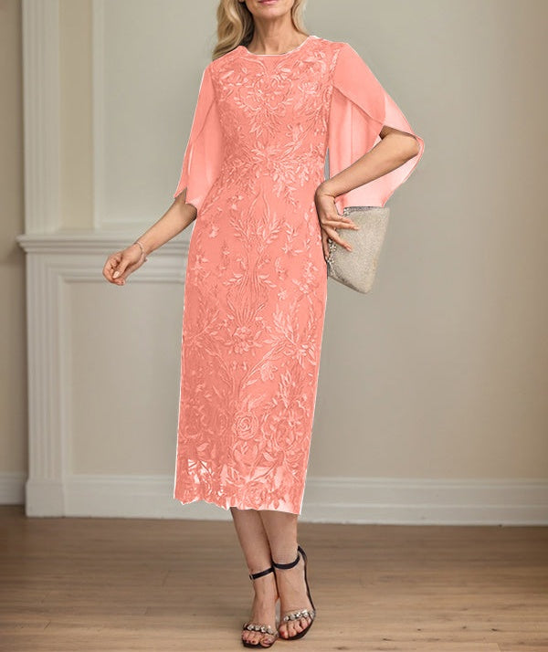 Sheath/Column Scoop Tea-Length Lace Chiffon Mother of the Bride Dress