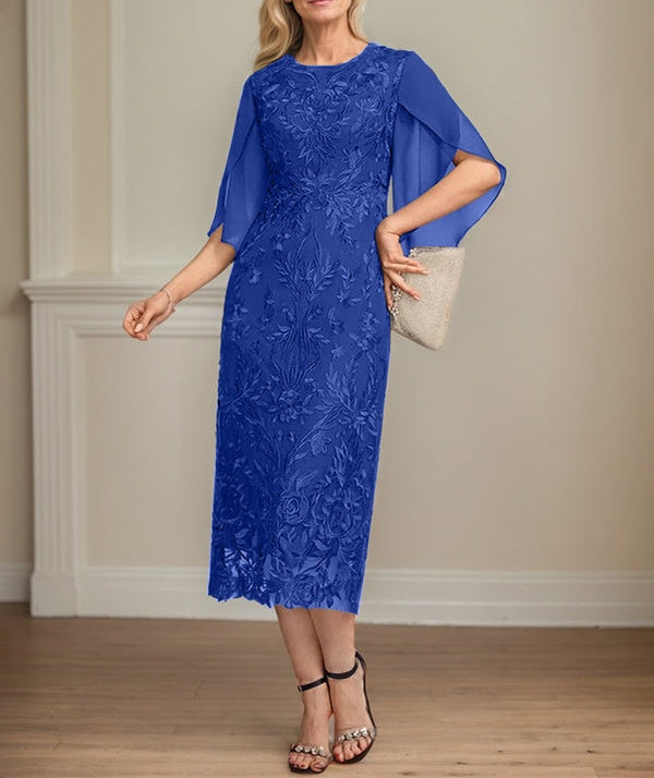 Sheath/Column Scoop Tea-Length Lace Chiffon Mother of the Bride Dress