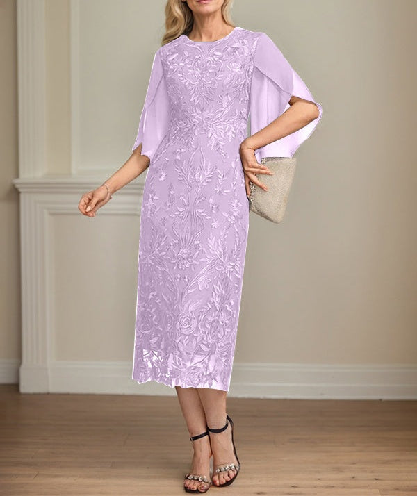 Sheath/Column Scoop Tea-Length Lace Chiffon Mother of the Bride Dress