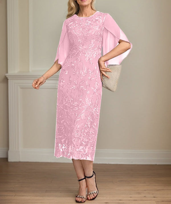 Sheath/Column Scoop Tea-Length Lace Chiffon Mother of the Bride Dress