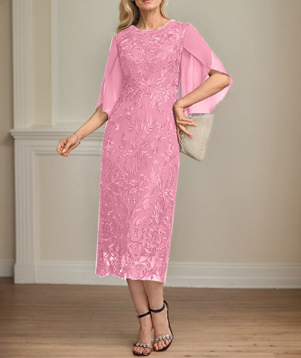 Sheath/Column Scoop Tea-Length Lace Chiffon Mother of the Bride Dress
