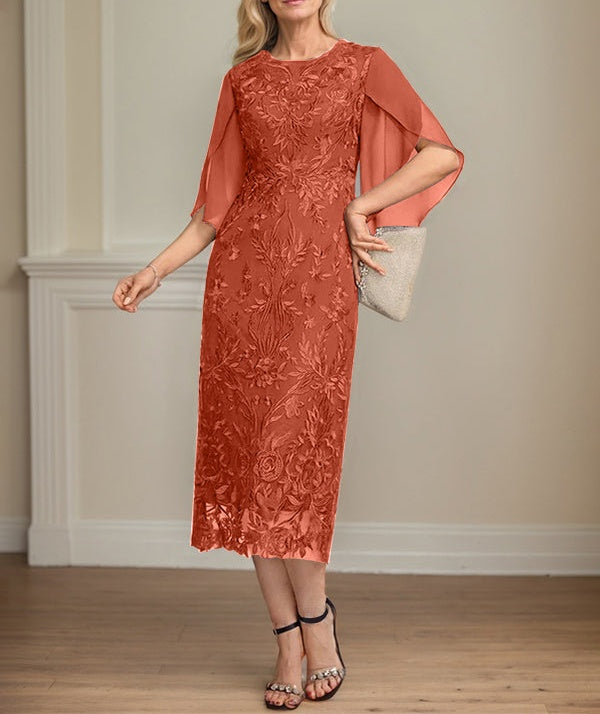 Sheath/Column Scoop Tea-Length Lace Chiffon Mother of the Bride Dress