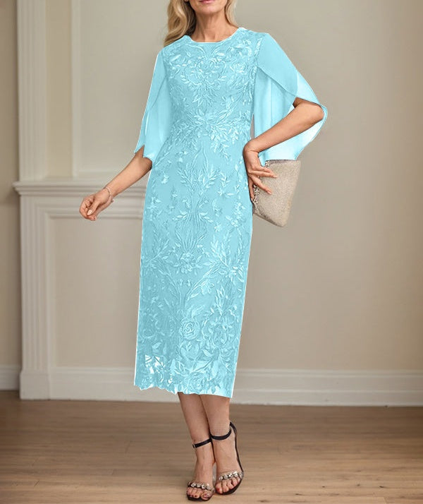 Sheath/Column Scoop Tea-Length Lace Chiffon Mother of the Bride Dress