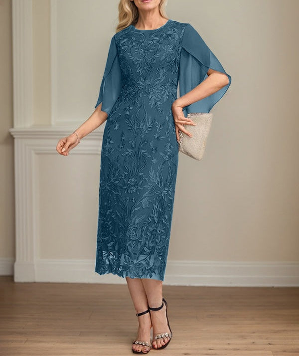 Sheath/Column Scoop Tea-Length Lace Chiffon Mother of the Bride Dress