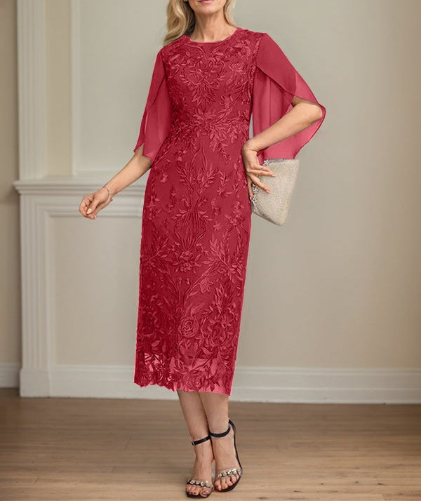 Sheath/Column Scoop Tea-Length Lace Chiffon Mother of the Bride Dress