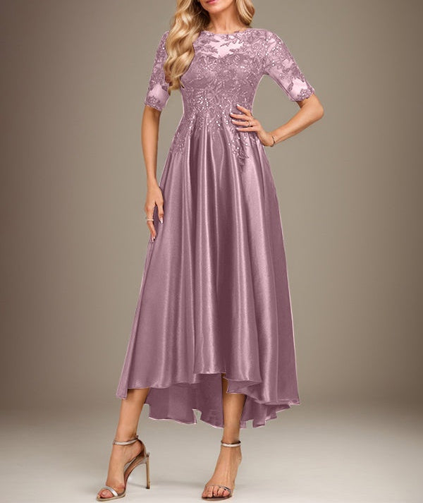 A-line Scoop Illusion Asymmetrical Stretch Satin Lace Mother of the Bride Dress With Sequins