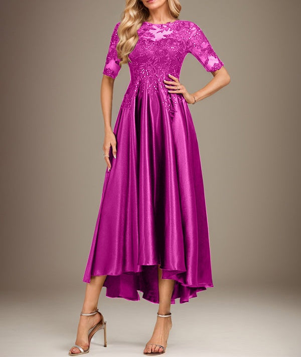 A-line Scoop Illusion Asymmetrical Stretch Satin Lace Mother of the Bride Dress With Sequins