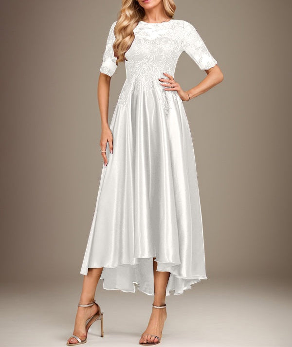 A-line Scoop Illusion Asymmetrical Stretch Satin Lace Mother of the Bride Dress With Sequins