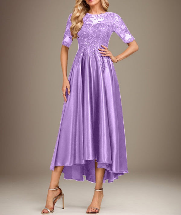 A-line Scoop Illusion Asymmetrical Stretch Satin Lace Mother of the Bride Dress With Sequins