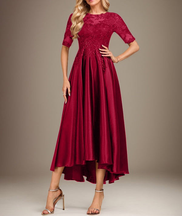 A-line Scoop Illusion Asymmetrical Stretch Satin Lace Mother of the Bride Dress With Sequins