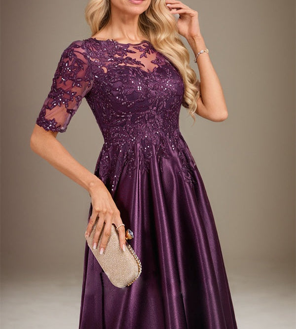 A-line Scoop Illusion Asymmetrical Stretch Satin Lace Mother of the Bride Dress With Sequins