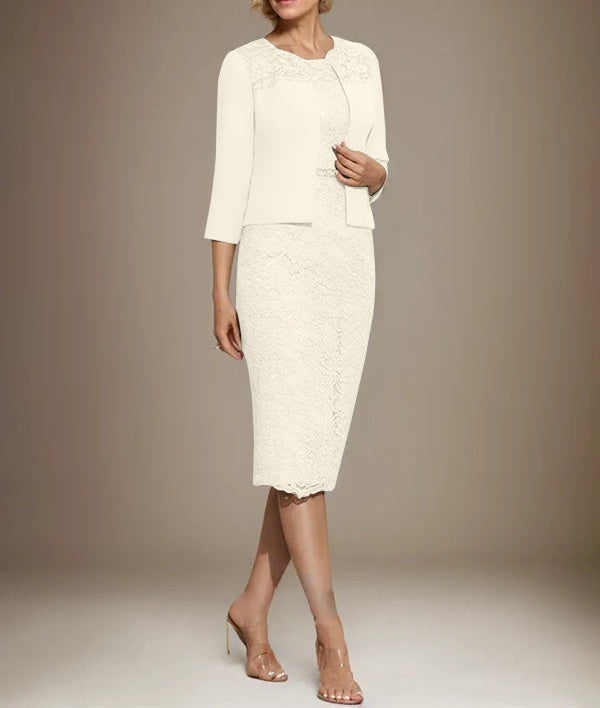 Sheath/Column Scoop Knee-Length Chiffon Lace Mother of the Bride Dress With Beading