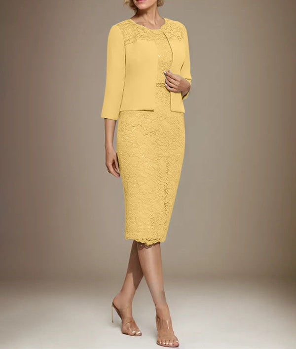 Sheath/Column Scoop Knee-Length Chiffon Lace Mother of the Bride Dress With Beading
