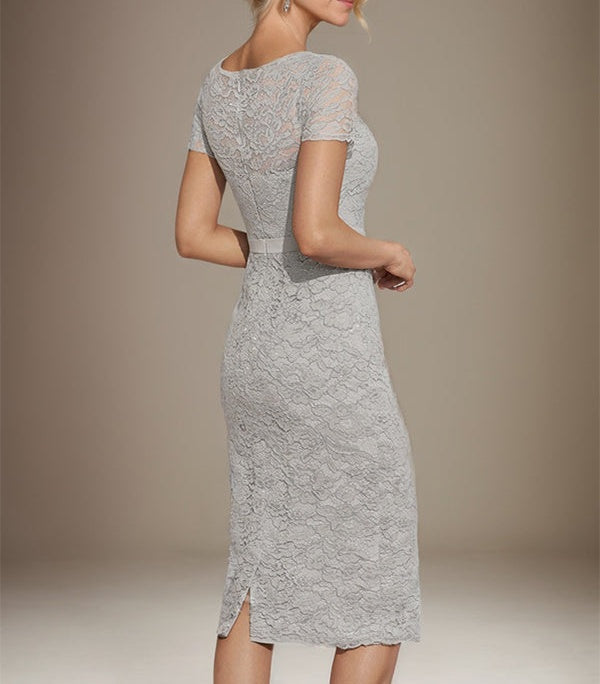 Sheath/Column Scoop Knee-Length Chiffon Lace Mother of the Bride Dress With Beading