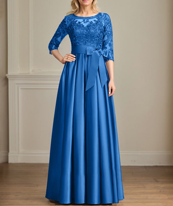 A-line Scoop Illusion Floor-Length Satin Lace Mother of the Bride Dress With Sequins Bow