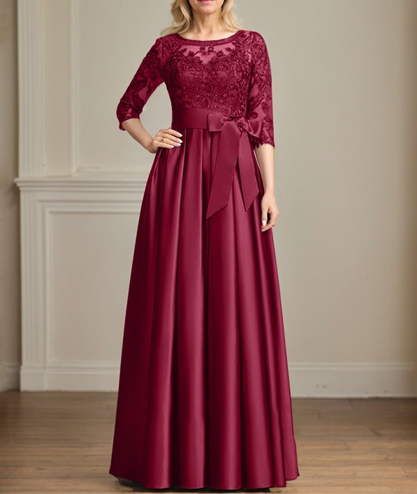 A-line Scoop Illusion Floor-Length Satin Lace Mother of the Bride Dress With Sequins Bow