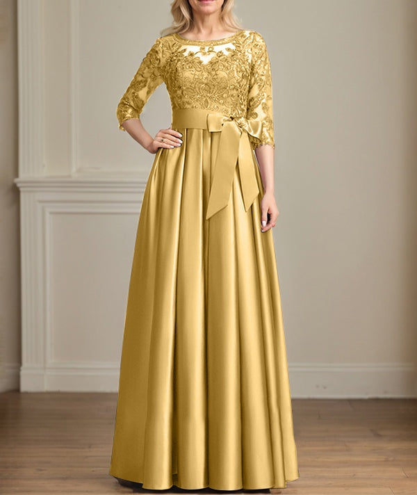 A-line Scoop Illusion Floor-Length Satin Lace Mother of the Bride Dress With Sequins Bow