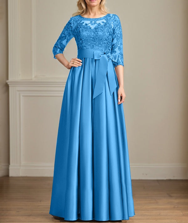 A-line Scoop Illusion Floor-Length Satin Lace Mother of the Bride Dress With Sequins Bow