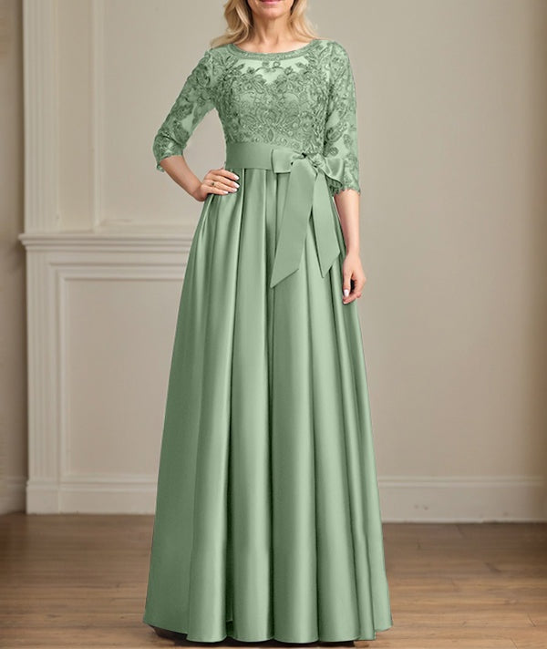 A-line Scoop Illusion Floor-Length Satin Lace Mother of the Bride Dress With Sequins Bow