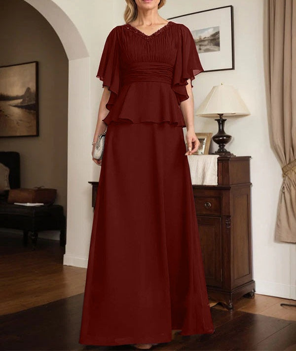 A-line V-Neck Floor-Length Chiffon Mother of the Bride Dress With Pleated Beading