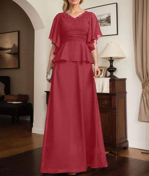 A-line V-Neck Floor-Length Chiffon Mother of the Bride Dress With Pleated Beading