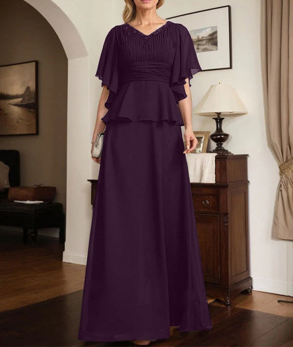 A-line V-Neck Floor-Length Chiffon Mother of the Bride Dress With Pleated Beading