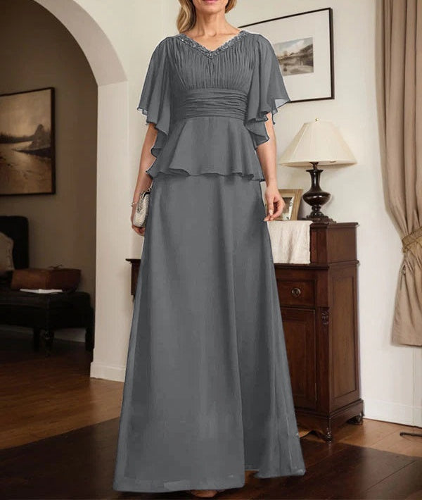 A-line V-Neck Floor-Length Chiffon Mother of the Bride Dress With Pleated Beading