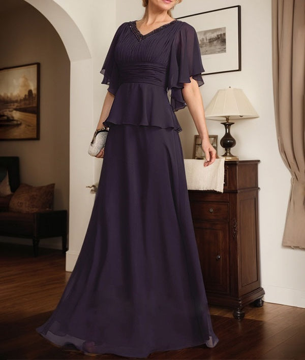 A-line V-Neck Floor-Length Chiffon Mother of the Bride Dress With Pleated Beading
