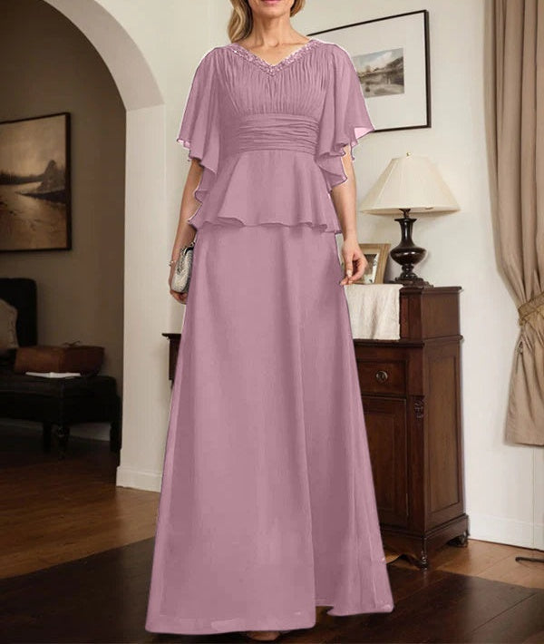 A-line V-Neck Floor-Length Chiffon Mother of the Bride Dress With Pleated Beading