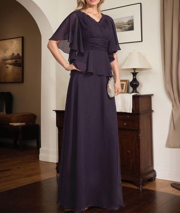 A-line V-Neck Floor-Length Chiffon Mother of the Bride Dress With Pleated Beading