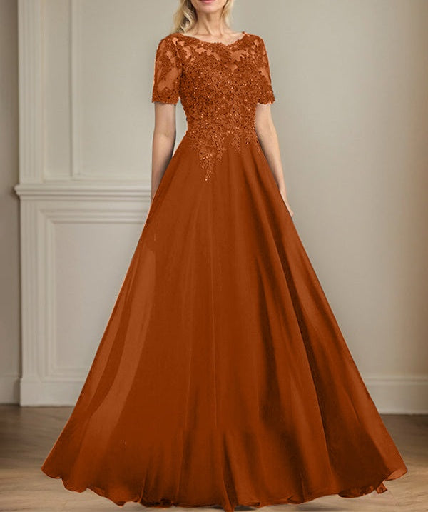 A-line Scoop Illusion Floor-Length Chiffon Lace Mother of the Bride Dress With Sequins Beading
