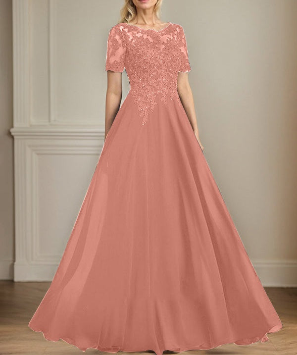 A-line Scoop Illusion Floor-Length Chiffon Lace Mother of the Bride Dress With Sequins Beading